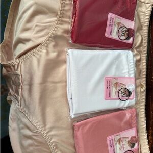 Luxurious Women's Satin Panties Trio - Beige, Red, and Pink. Control tummy.